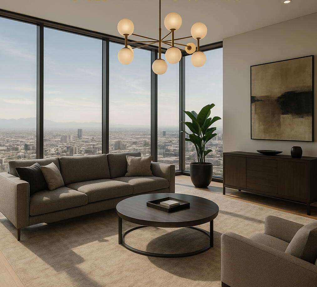 Penthouse Interior at Nanda Towers – Private Sky Residence A luxurious penthouse suite inside Nanda Towers featuring floor-to-ceiling windows with sweeping panoramic city views. The interior showcases modern high-end furnishings, marble floors, ambient lighting, and sophisticated decor — the epitome of elevated li